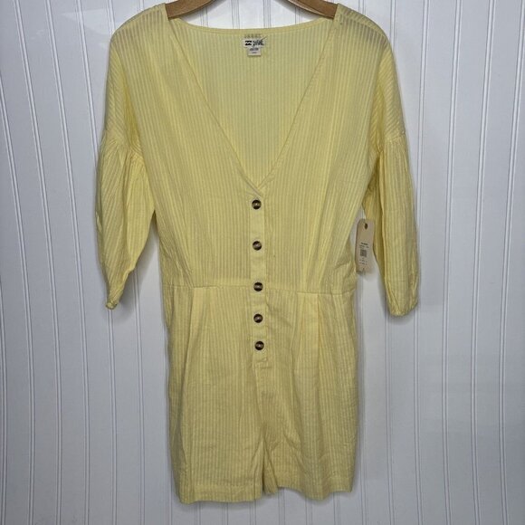Billabong Sun Valley NWT Women’s Large Yellow Puff Sleeve Button Front Romper - Picture 1 of 15